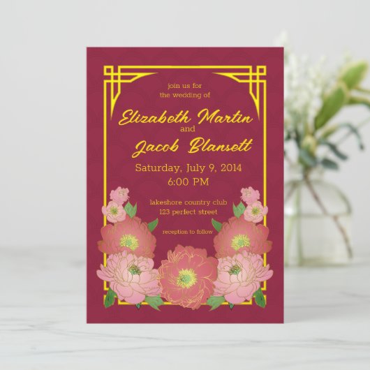 Hochzeit von Chinesisch-Rosa-Peonies Einladung (Stehend Vorderseite)
