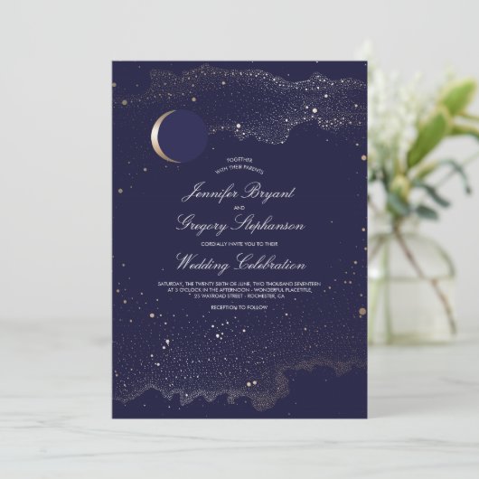 Hochzeit von Crescent Moon und Night Stars Einladung (Stehend Vorderseite)