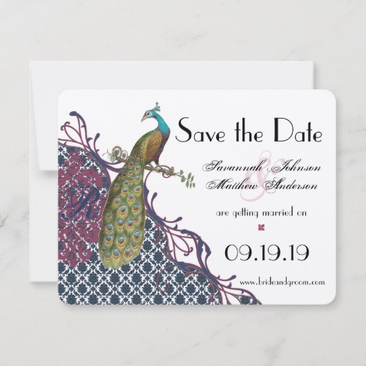 Hochzeit von Damask Peacock Navy & Very Berry Eleg Save The Date (Vorderseite)