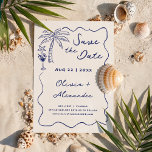 Hochzeit von Doodle Beach mit handgezogener Küste Save The Date<br><div class="desc">Die guten Neuigkeiten Ihrer nächsten Nuptials mit dieser charmanten und lässigen Küstentheorie speichern Sie das Datum, das handgezeichnete Doodles und ein individuelles Paar Wappen auf der Rückseite. Zu den Illustrationen zählen eine tropische Palme, Cocktails und Seesterne-Muschel in einem whimsical Squiggle-Wellenrand. Die blaue Darstellung der nautischen Marine auf weißem Hintergrund ist...</div>