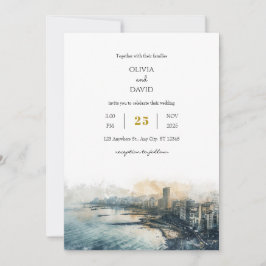 Hochzeit von Dusky Blue Coastal Skyline City View Einladung