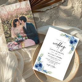 Hochzeit von Dusty Blue Floral Foto Einladung