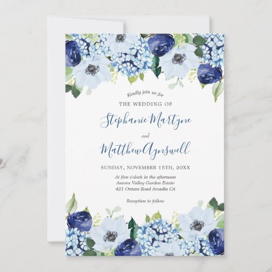 Hochzeit von Dusty Blue Floral Moderne Wasserfarbe Einladung (Vorderseite)