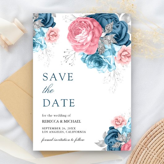 Hochzeit von Dusty Blue Pink Floral Rose Save The Date