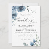 Hochzeit von Dusty Blue Slate Floral Watercolor Einladung (Vorderseite)