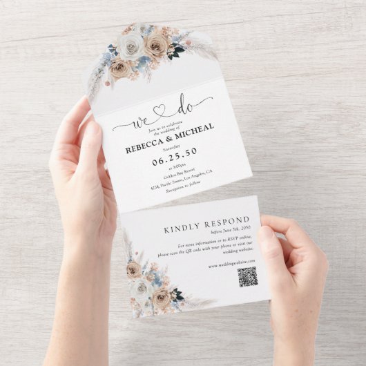 Hochzeit von Elfenbein und Blue Boho All In One Einladung (Abreißen)