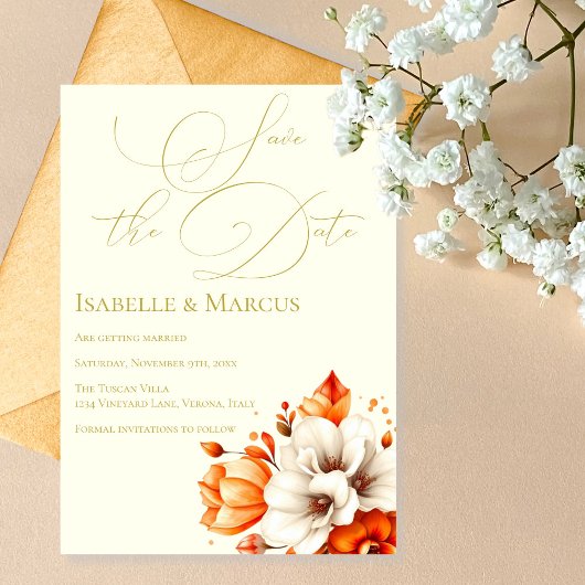 Hochzeit von Elfenbein und Goldfloral Save the Dat Einladung