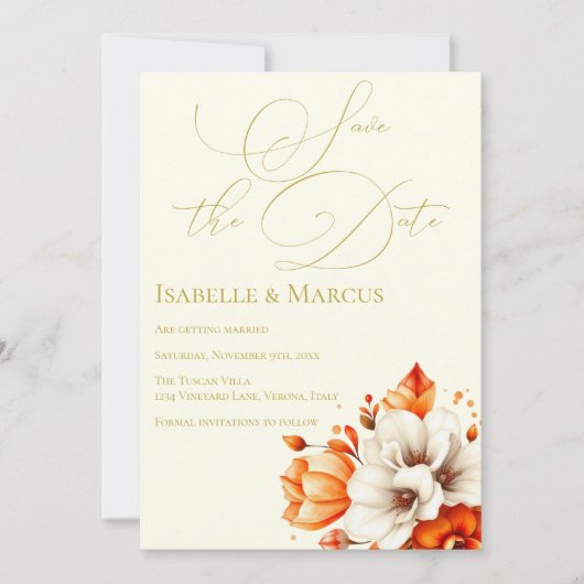 Hochzeit von Elfenbein und Goldfloral Save the Dat Einladung (Vorderseite)