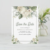 Hochzeit von Elfenbeinpaare mit grüner Flora QR-Fo Save The Date (Stehend Vorderseite)