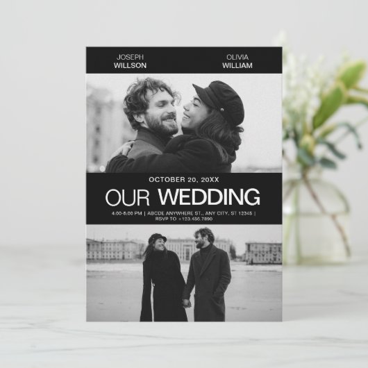 Hochzeit von fotogenen Filmplakaten modern minimal Einladung (Stehend Vorderseite)