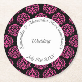 Hochzeit von Fuchsienrosa und schwarzem Damast Runder Pappuntersetzer