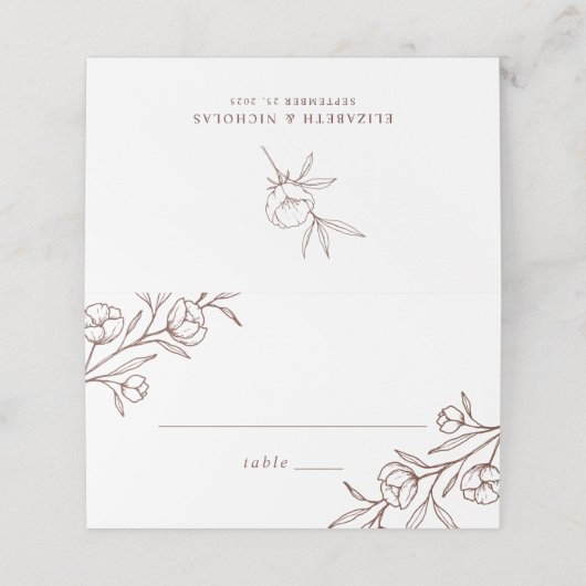 Hochzeit von geätztem Blumenbraun Platzkarte (Außenseite Aufgefaltet)