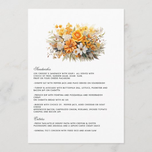 Hochzeit von Gelb, Orange und Elfenbeinflora Menükarte (Rückseite)