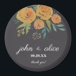 Hochzeit von Gelb- und Braunblumenorange Magnet<br><div class="desc">Ein Teil der A Touch der Gelben Blumenzwiebeln und Rose Kollektion. Ein klassischer und eleganter Hochzeitsmagnet mit gelb-orangefarbenen Rose und Pfennigfugen,  botanischen und eukalyptusfarbenen Blätter im dunkelbraunen Hintergrund. Ein Dankeschön für Ihre Gäste.</div>