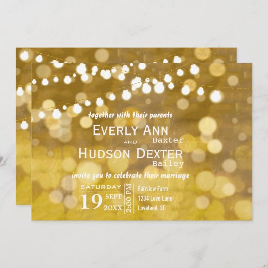 Hochzeit von Gelb und Gold Forest Lights Garland Einladung (Vorne/Hinten)
