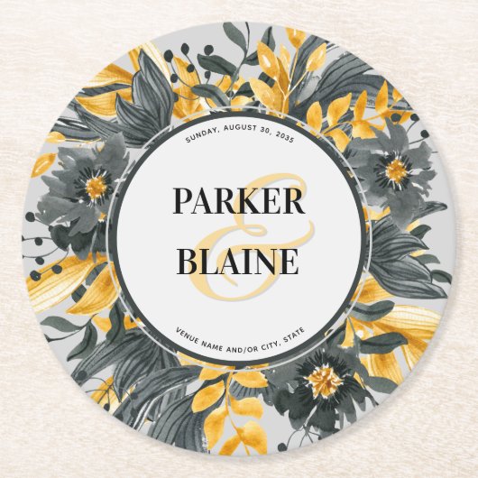 Hochzeit von Gelb- und Graublütenblumen in Monogra Runder Pappuntersetzer (Vorderseite)