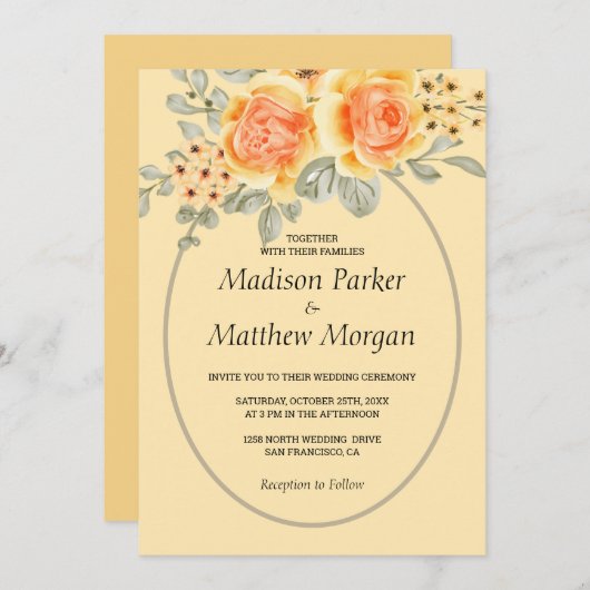 Hochzeit von Gelben Rosen Einladung (Vorne/Hinten)