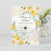 Hochzeit von Gentle Yellow Roses und Lemons Einladung (Stehend Vorderseite)