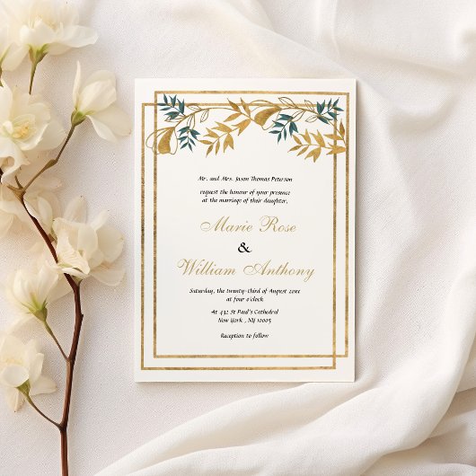 Hochzeit von geometrischem weißem goldgrauem Blatt Einladung