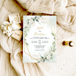 Hochzeit von geometrischer Seite und goldener Grün Einladung