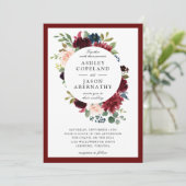 Hochzeit von Gerahmten Blumen in Burgund, Navy und Einladung (Stehend Vorderseite)