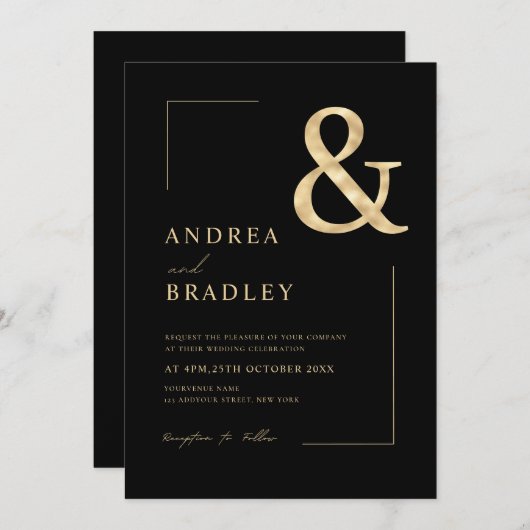Hochzeit von Gold Ampersand Foto Black Geometric Einladung (Vorne/Hinten)