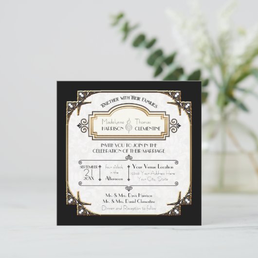 Hochzeit von Gold Art Deco Schwarz und Weiß Typogr Einladung (Stehend Vorderseite)