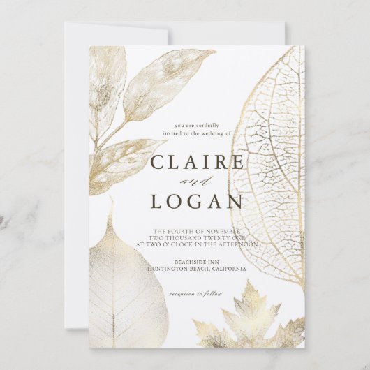 Hochzeit von Gold-Blätter Einladung (Vorderseite)