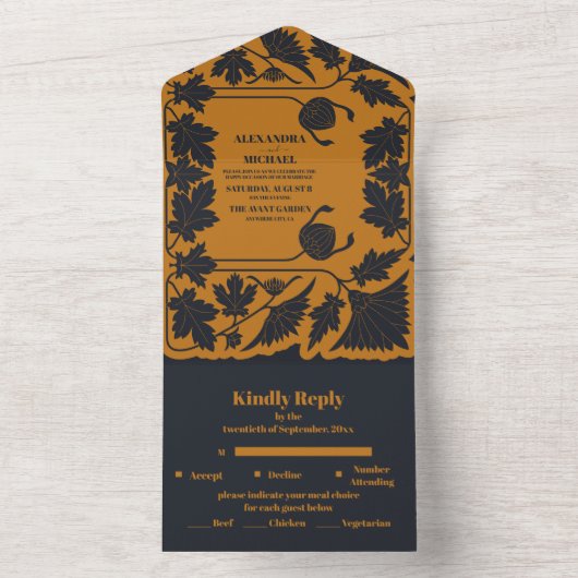 Hochzeit von Gold Blue Art Nouveau All In One Einladung (Innen Boden)