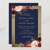 Hochzeit von Gold Burgundy Navy mit Floral Waterco Einladung (Vorne/Hinten)