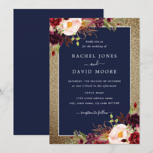 Hochzeit von Gold Burgundy Navy mit Floral Waterco Einladung