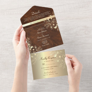 Hochzeit von Gold Floral Wood Vintage All In One Einladung