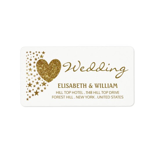 Hochzeit von Gold Glitzer Heart and Stars Adressaufkleber (Vorne)