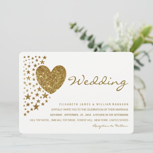 Hochzeit von Gold Glitzer Heart and Stars Einladung (Stehend Vorderseite)