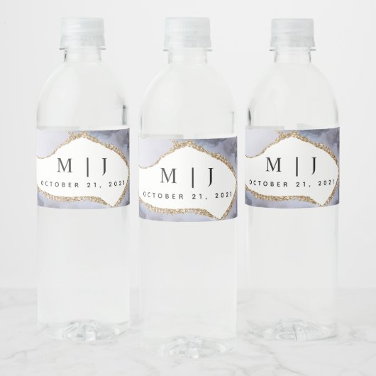 Hochzeit von Gold Glitzer & Navy Blue Agate Wasserflaschenetikett (Flaschen)