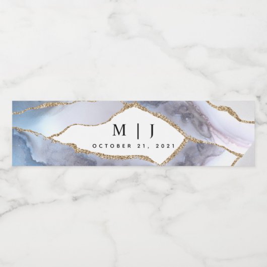Hochzeit von Gold Glitzer & Navy Blue Agate Wasserflaschenetikett (Einzelnes Label)