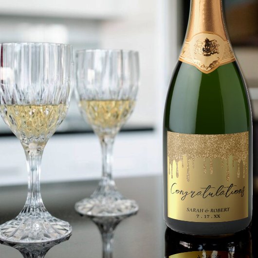 Hochzeit von Gold Glitzer Tropfen Schaumweinetikett