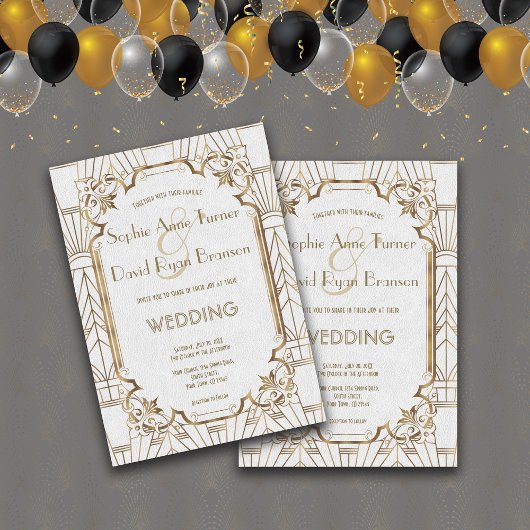 Hochzeit von Gold Great White Art Deco 1920s Einladung