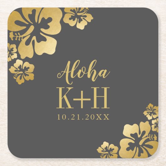 Hochzeit von Gold Hibiskus Aloha Monogram Rechteckiger Pappuntersetzer (Vorderseite)