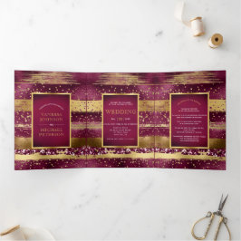 Hochzeit von Gold- und Bordeaux-Pinselstrichen Dreifach Gefaltete Einladung