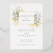 Hochzeit von Gold und Grüntönen Folieneinladung (Vorderseite)