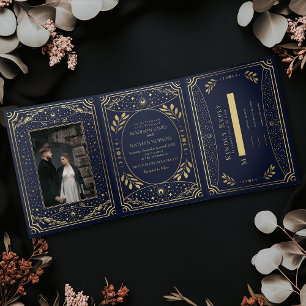 Hochzeit von Gold und Navy-Elegantes Tarot Dreifach Gefaltete Einladung