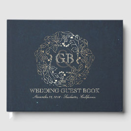 Hochzeit von Gold- und Navy-Floral-Wreath-Jahrgäng Gästebuch