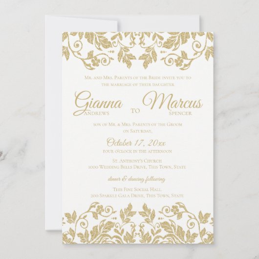 Hochzeit von Gold und White Damask Einladung (Vorderseite)
