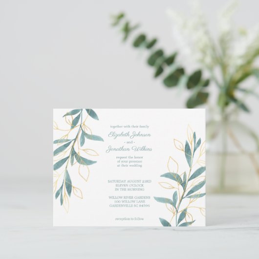 Hochzeit von Golden Green Floral Einladung (Stehend Vorderseite)