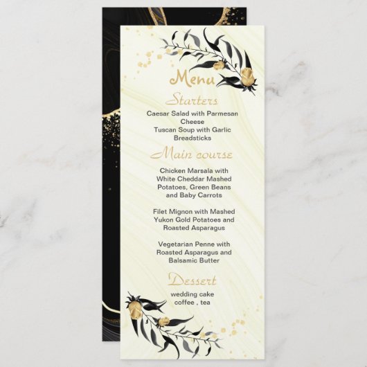 Hochzeit von goldenen Blume und schwarzen Blätter Menükarte (Vorne/Hinten)