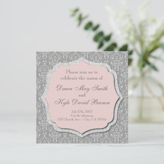 Hochzeit von Grau und Pfirsich Einladung (Stehend Vorderseite)