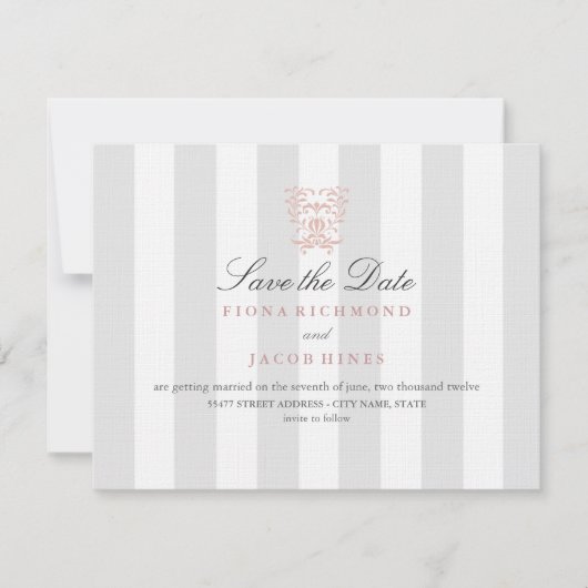 Hochzeit von grauen Streifen und Peach Damask Save Save The Date (Vorderseite)