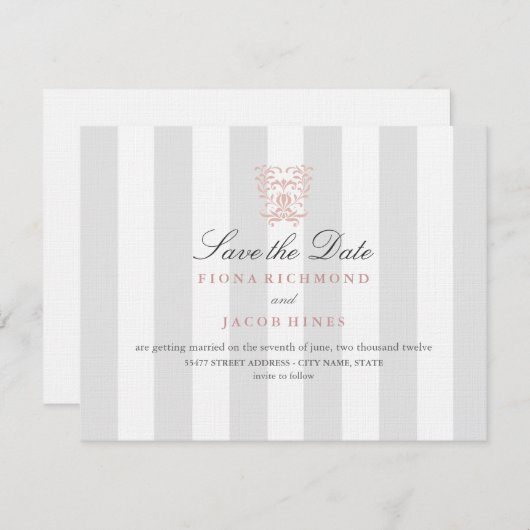Hochzeit von grauen Streifen und Peach Damask Save Save The Date (Vorne/Hinten)