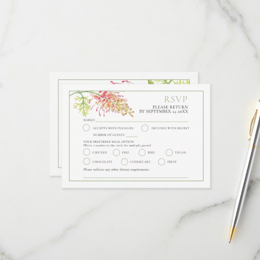 Hochzeit von Grevillea Aquarell RSVP Karte (Vorderseite/Rückseite Beispiel)